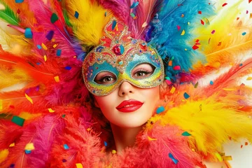 Detailed illustration of a woman wearing a colourful carnival mask on a transparent background