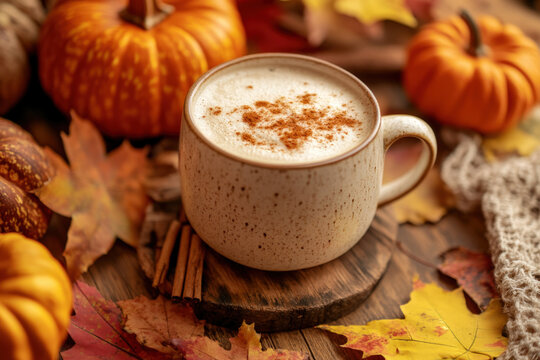 Comforting scene of a pumpkin spice latte surrounded by pumpkins and fall leaves, evoking the warmth and flavors of autumn