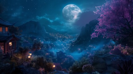 Fototapeta premium A beautiful night sky with a large moon and a small house in the background. The scene is peaceful and serene, with the moon casting a soft glow on the landscape