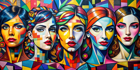 Obraz premium horizontal panorama with colorful graffiti women in cubism and pop art style