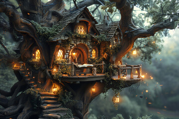 Obraz premium A whimsical fairy house nestled in the woods, adorned with twinkling lights, creating a magical atmosphere.