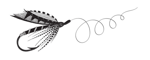 Fly fishing lure. Vintage fly tied with feathers by ink.