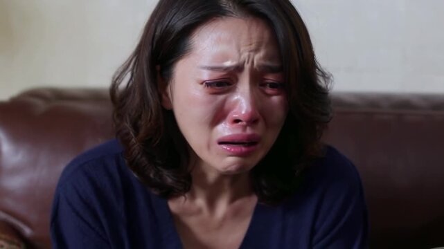 Distressed Woman Crying Indoors, Emotional Close-Up, Feeling Sadness and Despair