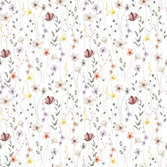 Seamless background, floral pattern with watercolor wild flowers and leaves. Repeat fabric wallpaper print texture. Perfectly for wrapped paper, backdrop.