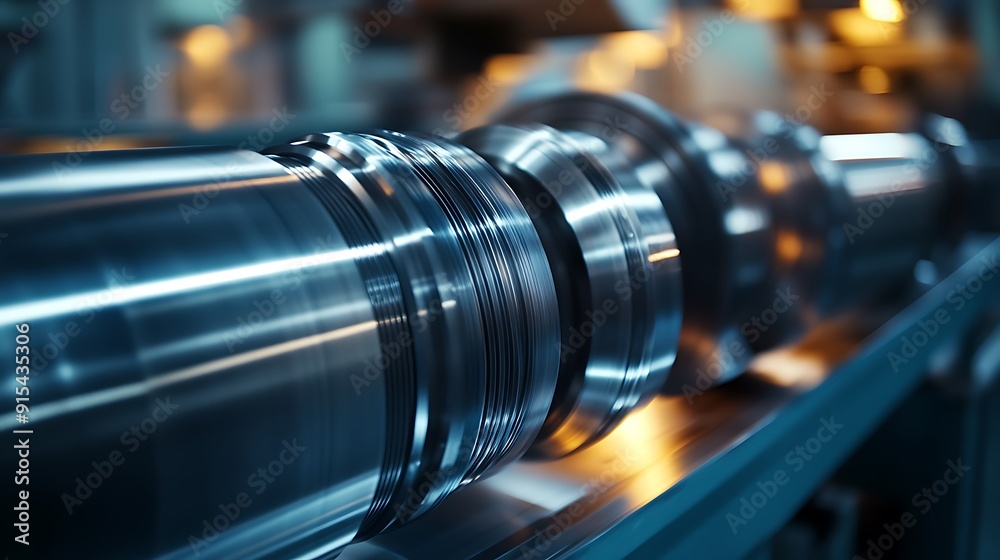Poster Precision-Machined Metal Part Close-Up with Gleaming Surface in Industrial Setting