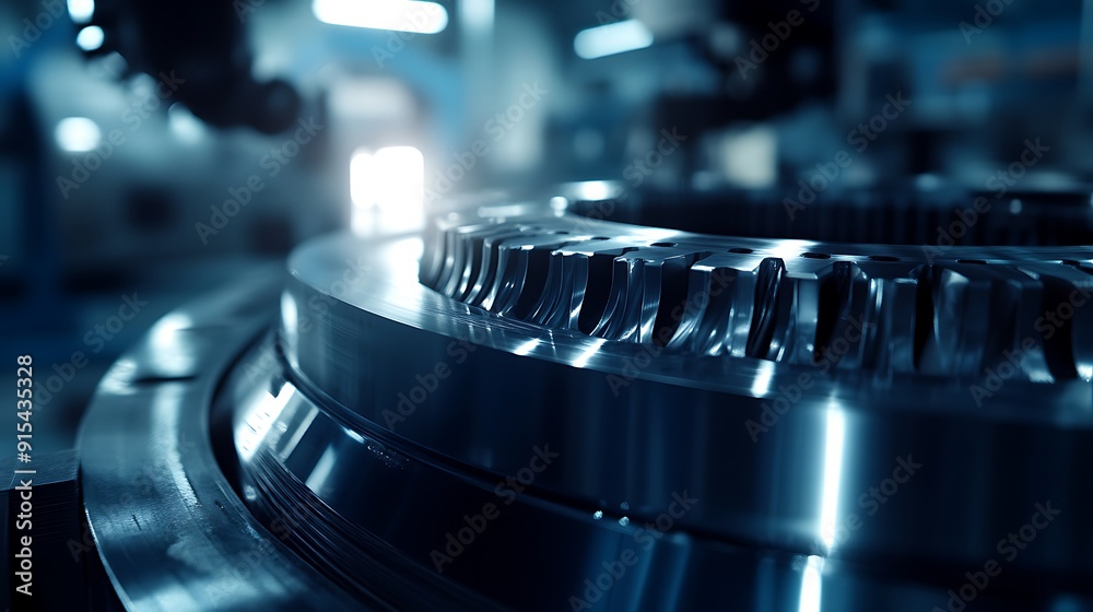 Poster Precision-Machined Metal Part Close-Up with Gleaming Surface in Industrial Setting