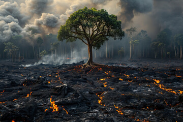 Green tree survived forest fire. Flames engulf tropical forest, burnt earth, thick gray smoke billowing into air. Concept of environmental disaster, wildfire, deforestation