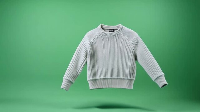 A white sweater rotating against a green screen background, for clothing displays, advertisements, or digital compositing projects.
