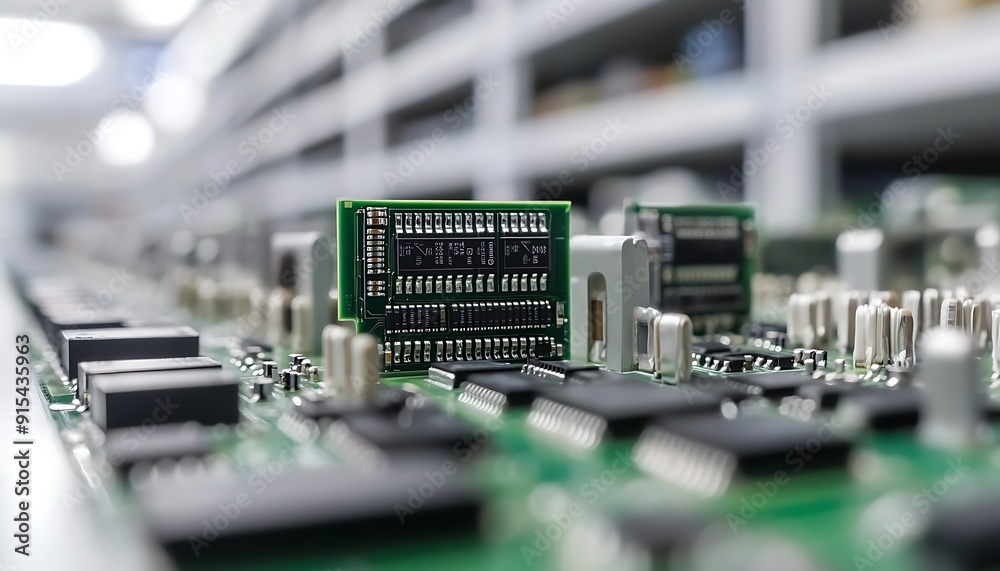 Poster close-up of finished circuit boards with pristine solder joints in factory lighting