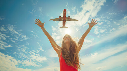 Young woman raised her hands up looking at the plane flying above her in blue sky. Air ticket sale, travel agency, last minute flight, tour. Planning vacation, travel, dreaming concept. Front view