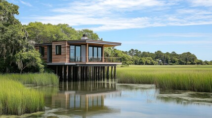 Obraz premium Modern House on Stilts Overlooking a Marsh