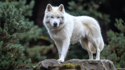 Fototapeta premium Majestic white Akita standing on a rock in a forest, powerful and serene dog 