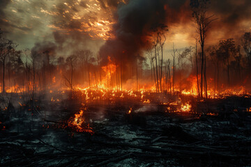 Forest fire, aerial view. Flame destroy trees, leaving behind scorched earth, devastating impact on ecosystem. Concept of environmental disaster, deforestation, habitat destruction