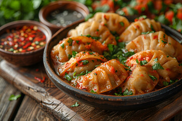 Traditional dumpling vegetarian momos food from Nepal served with tomato chutney over moody, Plate...