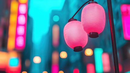 Vibrant pink lanterns illuminate a bustling cityscape, creating a lively ambiance with colorful neon lights in the background.
