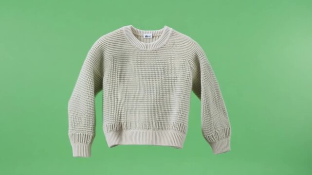 Cream colored knit sweater appearing, disappearing on green screen, symbolizing fashion and warmth.