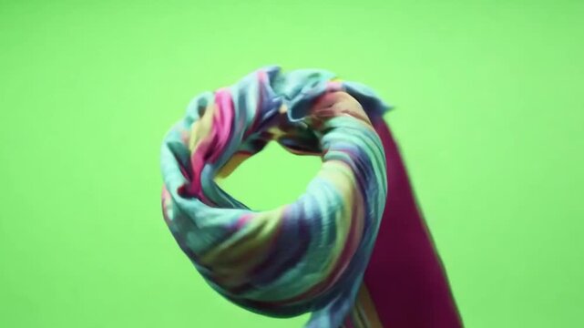 A colorful scarf spinning against a green screen background, symbolizing vibrancy and style.