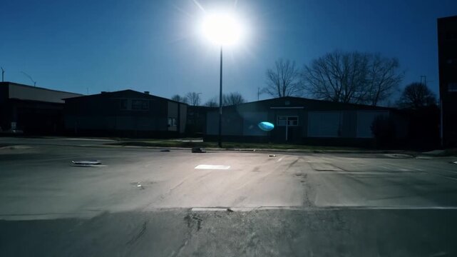A lone street light shines brightly at night in an empty parking lot, a cinematic symbol of hope.