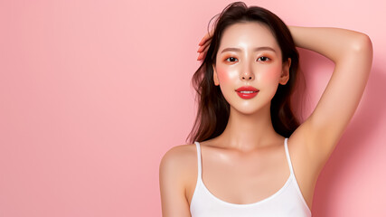 Obraz premium Beautiful young woman poses confidently against a vibrant pink background, dressed in stylish casual attire that shows her chic fashion