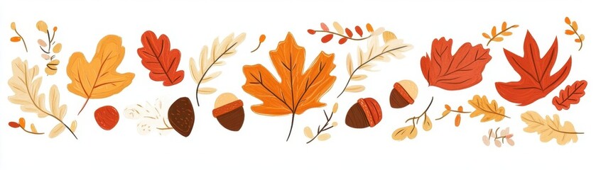 Obraz premium A vibrant collection of autumn leaves and acorns in warm hues, perfect for seasonal designs and festive decor.