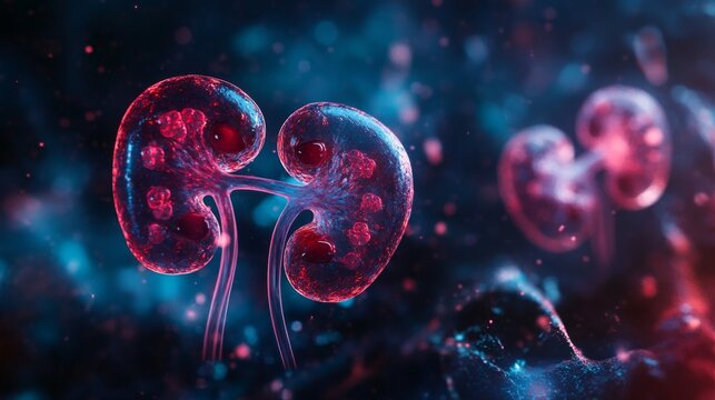 "Realistic depiction of kidneys as part of the human body, presented in a clear, noise-free image from a distance, without close-up details 