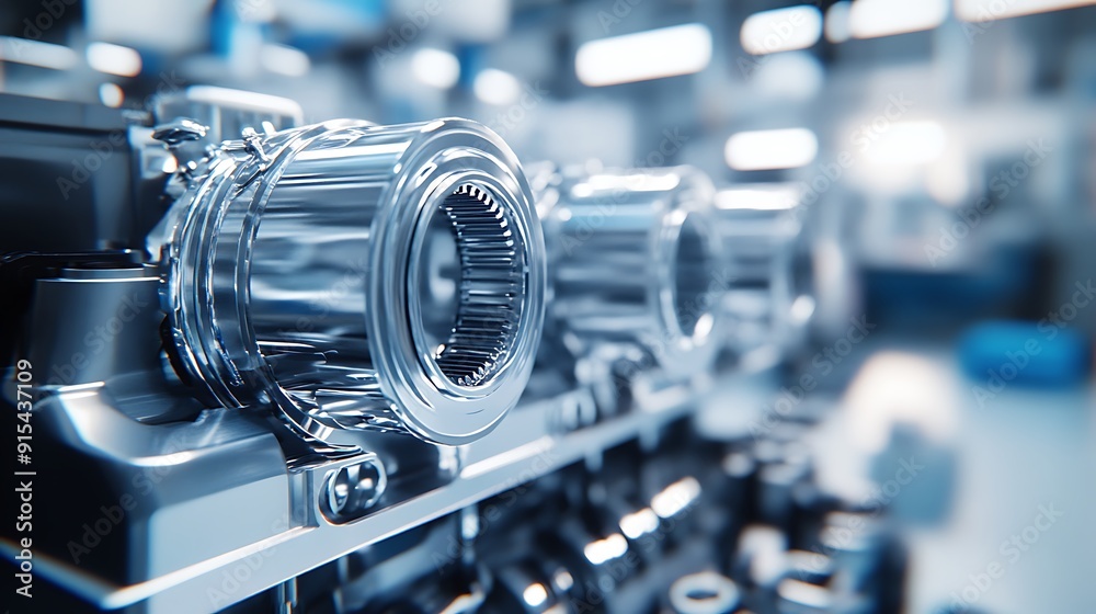 Poster Polished Car Engine Part Close-Up with Gleaming Chrome in Factory Setting