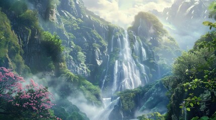 Majestic Waterfall in a Lush Tropical Valley