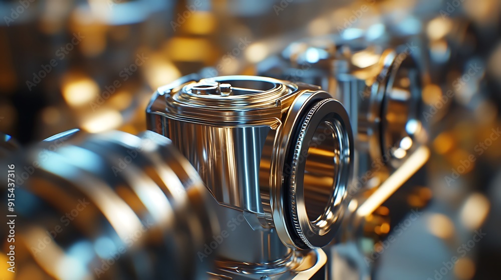 Poster Polished Car Engine Part Close-Up with Gleaming Chrome in Factory Setting