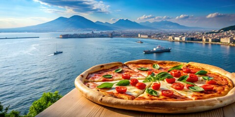 Fototapeta premium Pizza margherita with a view of the Bay of Naples , pizza, margherita, traditional, Italian, cuisine, food, delicious, basil