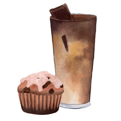 A glass of coffee with chocolate pieces and chocolate muffin. Watercolor illustration isolated on white background for design, cards, menus, postcards