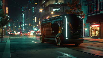 An autonomous electric bus is driving through a modern city at night, surrounded by illuminated buildings and vibrant street lights.