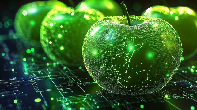 An innovative representation of cyber fruits, where the surface is adorned with digital veins and a tech mesh. The glowing grid overlay highlights the networked nodes that represent the advanced