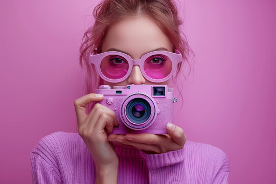 A young woman wearing stylish pink sunglasses holds a camera close as she poses confidently against a bold purple background, capturing a moment of creativity and self-expression