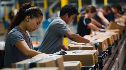 Employees work on an assembly line at an Amazon warehouse.