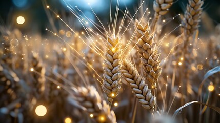 A modern depiction of tech-enhanced grain, showcasing digital microchip lines and bio-tech features. The grain is covered with glowing tech elements and integrated circuits, with connecting points