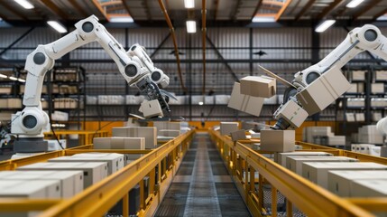 The image shows two robotic arms working in a factory or warehouse