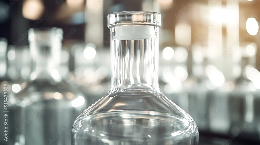 Poster pristine glass bottle close-up with light reflections on production line