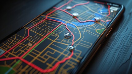 The image shows a smartphone with a map of a city displayed on its screen