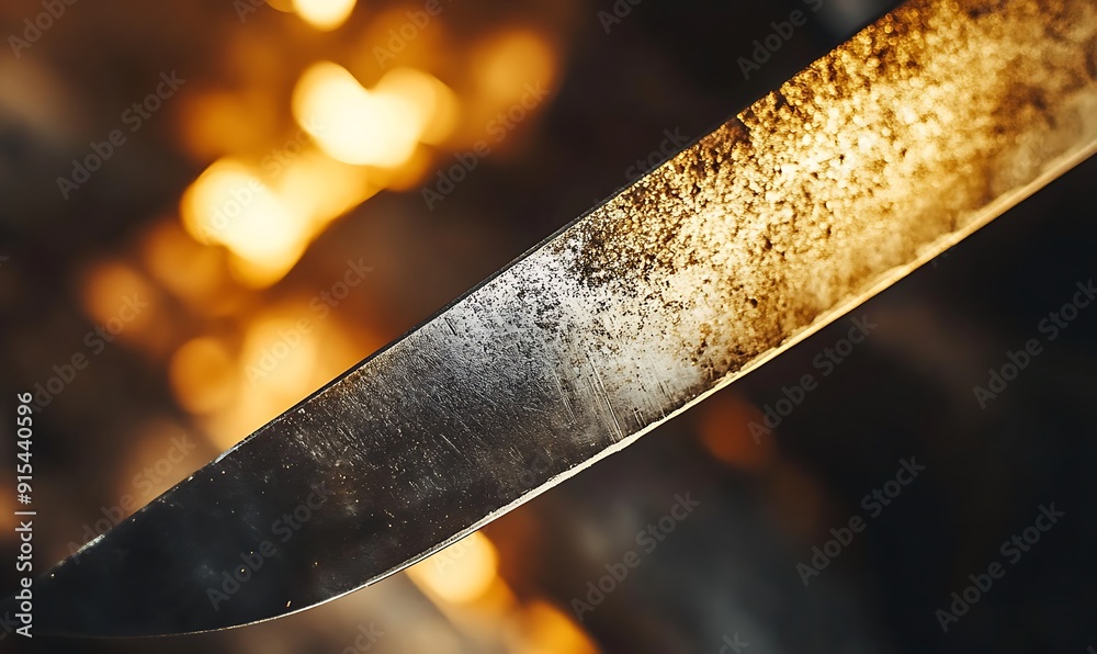 Poster newly forged steel blade close-up with sharp edge and reflective surface