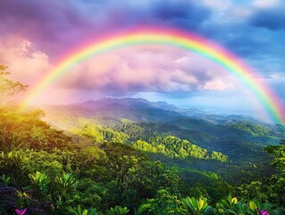 Rainbow Over Lush Tropical Mountains Illustration