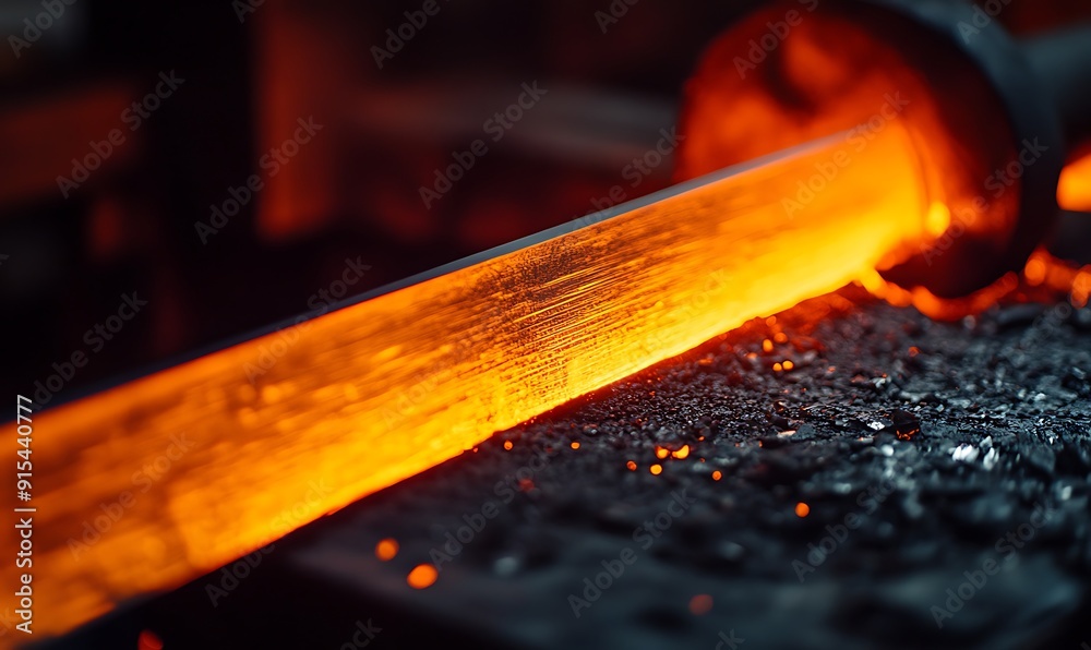 Poster newly forged steel blade close-up with sharp edge and reflective surface