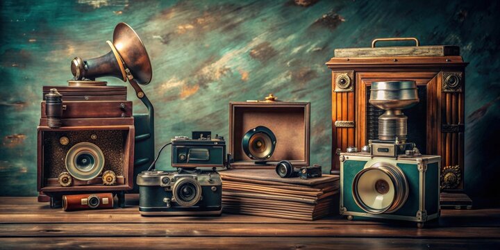 Vintage still life featuring a collection of retro items such as antique cameras, old books