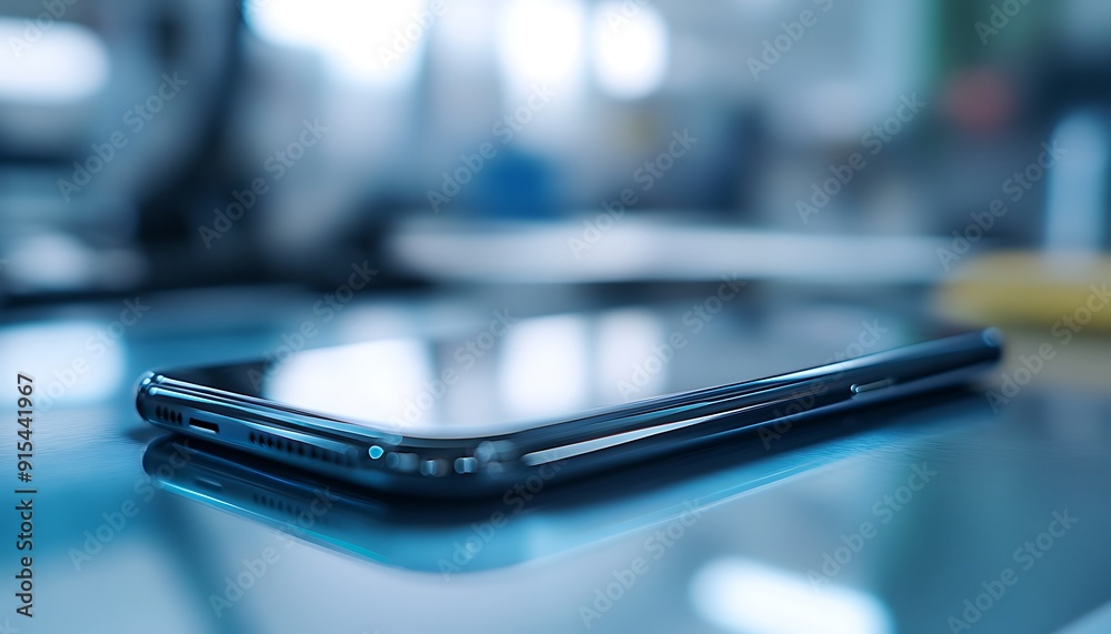 Poster Newly Assembled Smartphone Close-Up with Reflective Screen and Precise Alignment