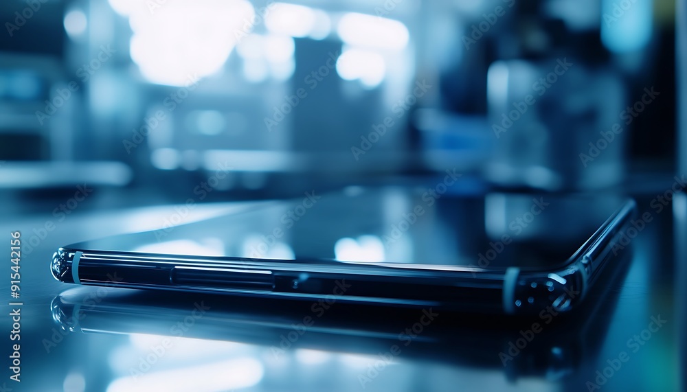 Poster Newly Assembled Smartphone Close-Up with Reflective Screen and Precise Alignment