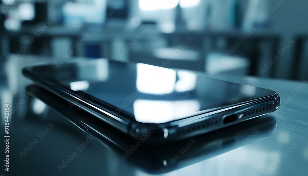 Poster Newly Assembled Smartphone Close-Up with Reflective Screen and Precise Alignment