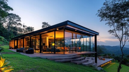 Obraz premium Modern Glass House with Mountain View