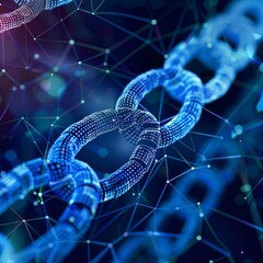 A digital representation of a blockchain, featuring interconnected chains with a network of nodes and glowing data points.