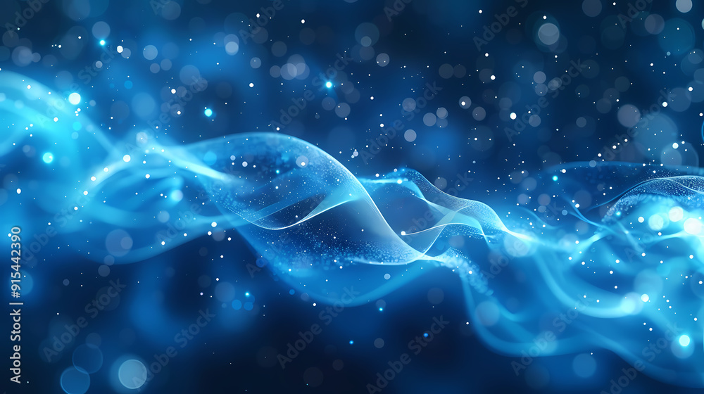 Wall mural Abstract blue background with a flowing, dynamic wave and sparkling bokeh lights, creating a sense of energy and movement.