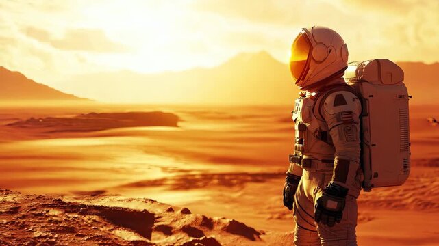 Astronaut wearing space suit walking on a red planet. Mars colonization concept