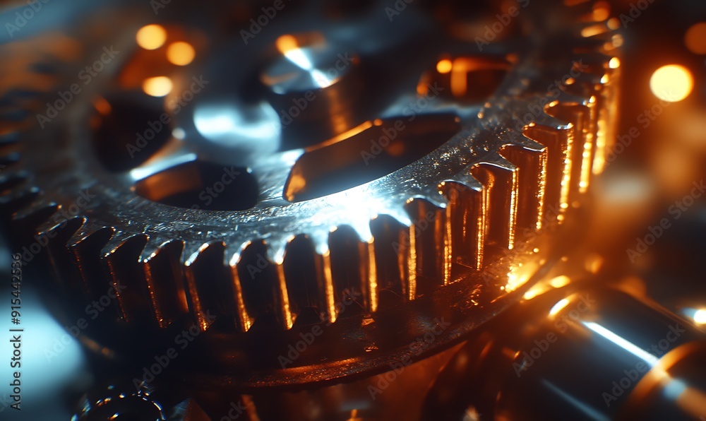 Aufkleber newly produced metal gear close-up with sharp teeth and smooth surface